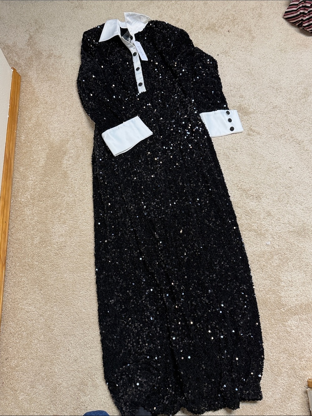 OFUURE Black Sequin Maxi Dress with White Collar & Cuffs